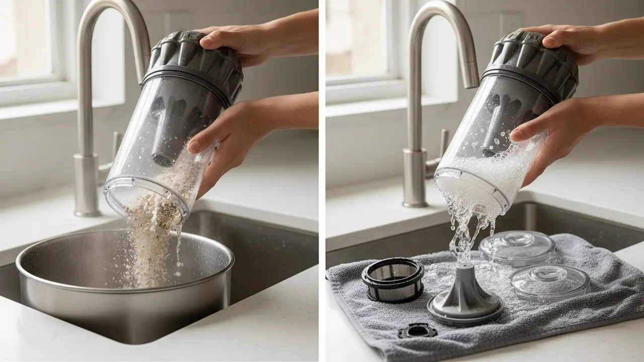 Hænder tømmer og skyller støvbeholder i vasken og lægger dele til tørre