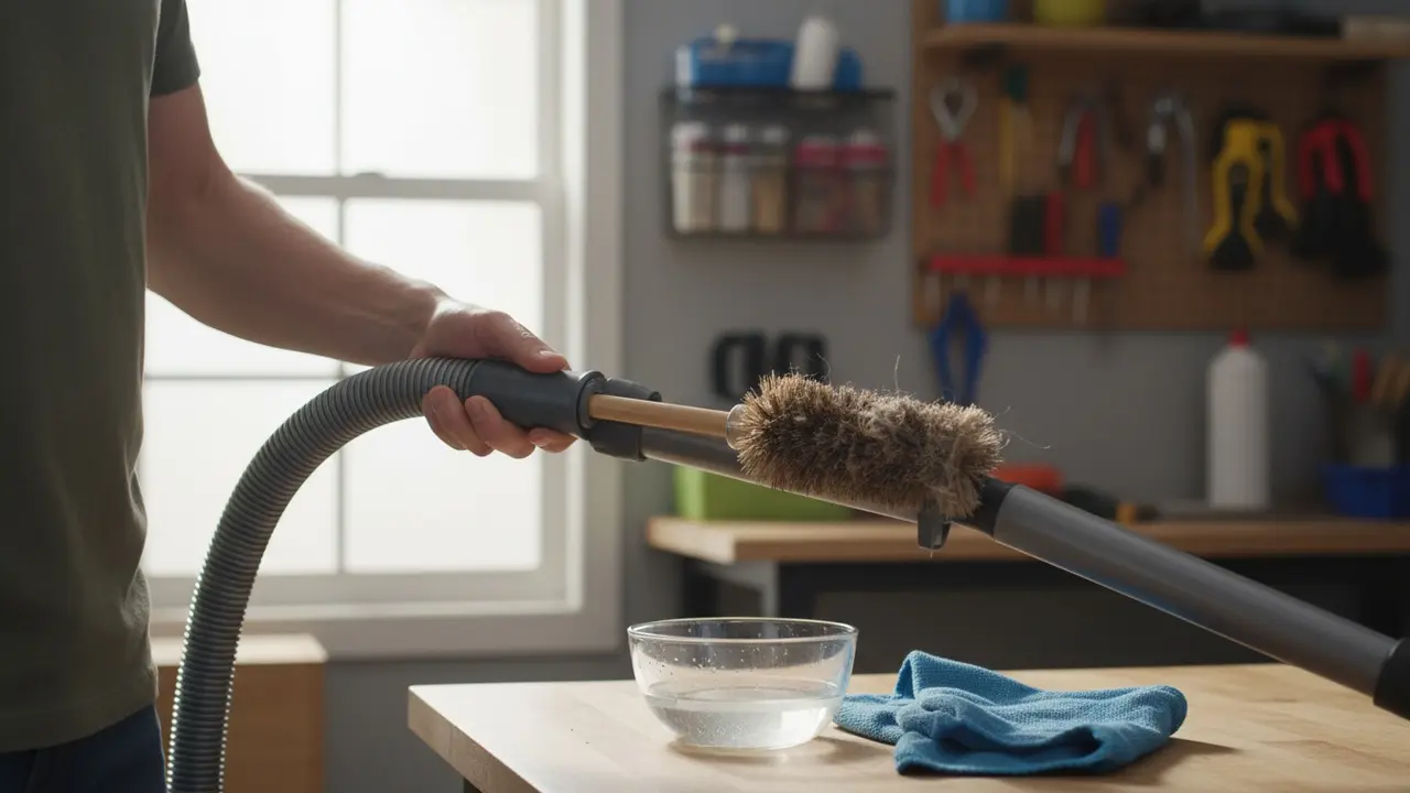 Rensning af støvsugerslange med lang børste; hår og madrester fjernes