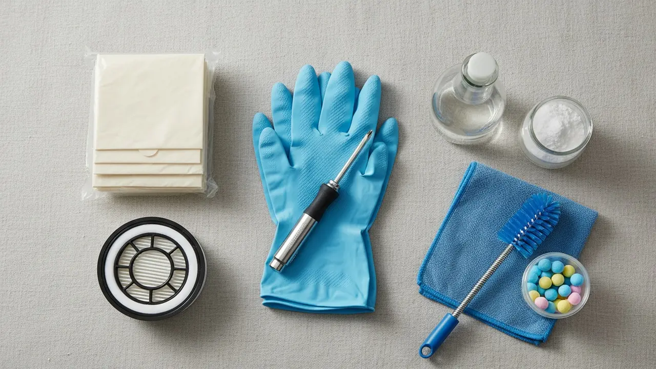 Oversigt over udstyr: handsker, filtre, poser, eddike, natron, børste og duftkugler