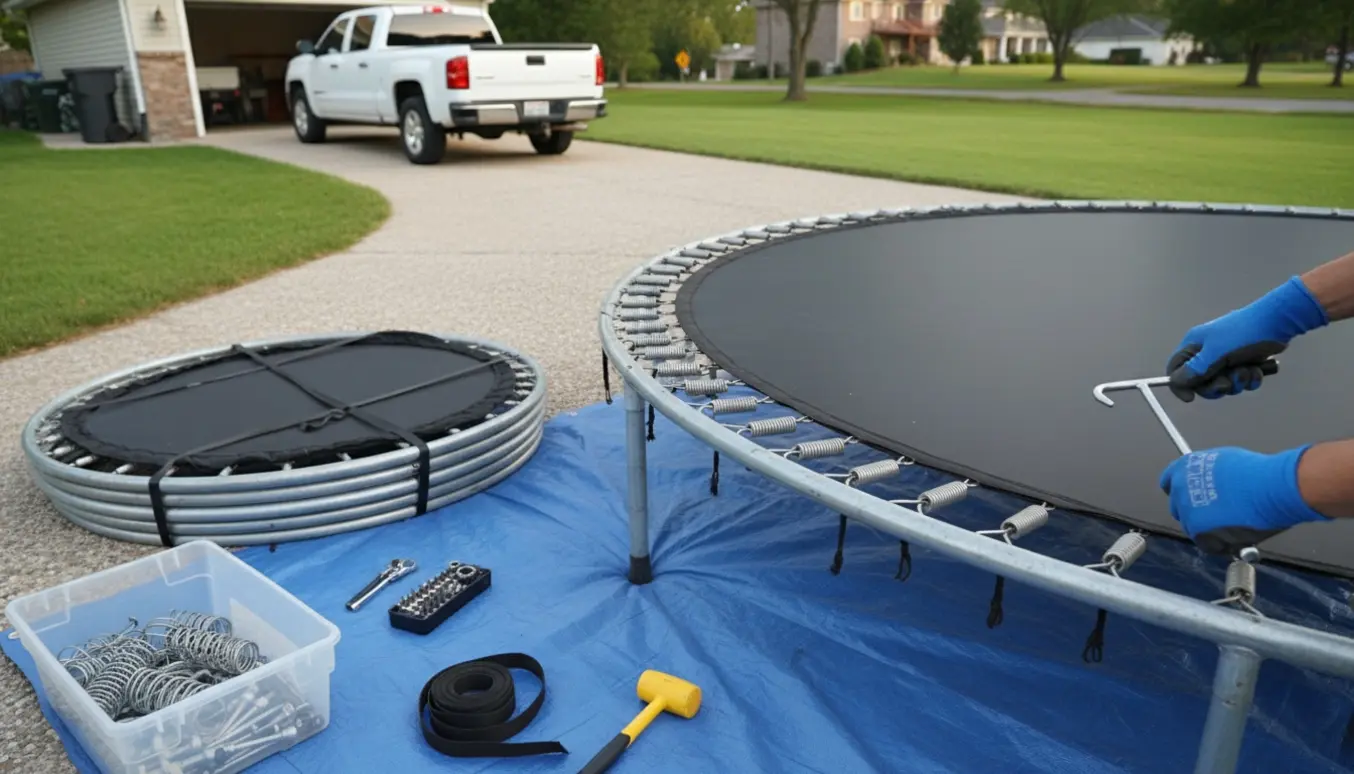 Hænder bruger en fjedertrækker til at afmontere trampolinspring, mens rammedele og måtte er stablet klar til transport.