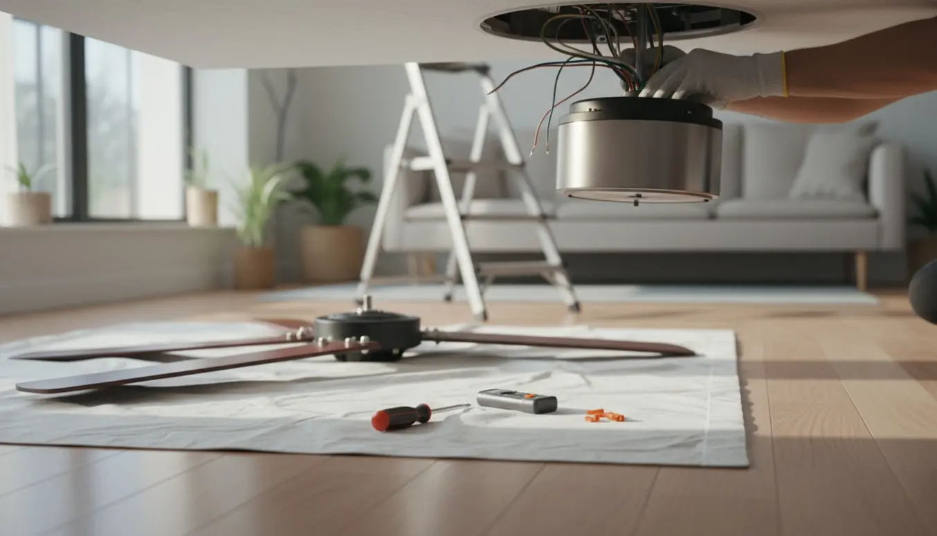 Nærbillede af hænder, der monterer en ny motor i en loftsventilator med værktøj og stige i et lyst rum.