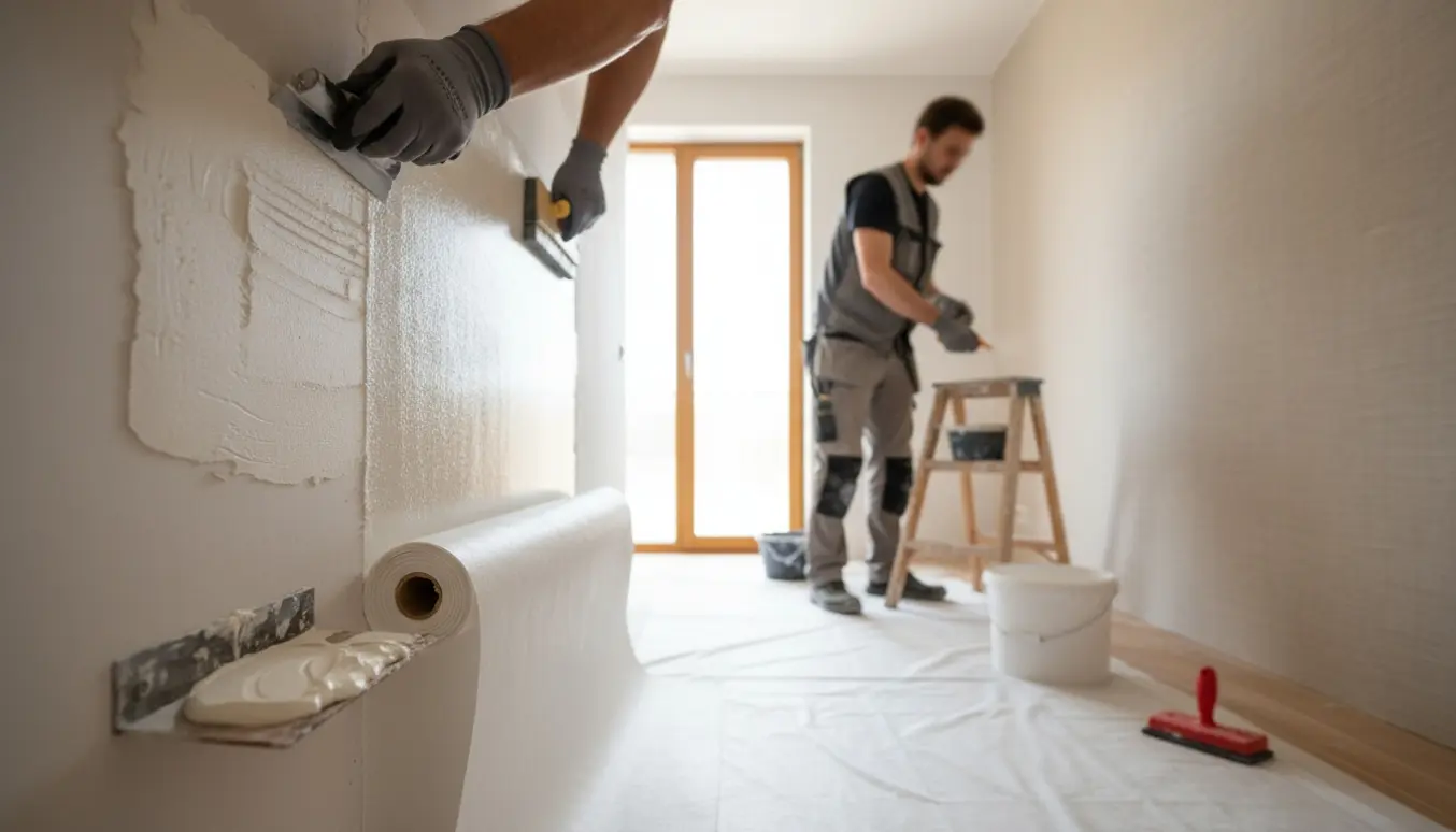 Hænder spartler en ny gipsvæg og opsætter glasfilt i et lyst rum.