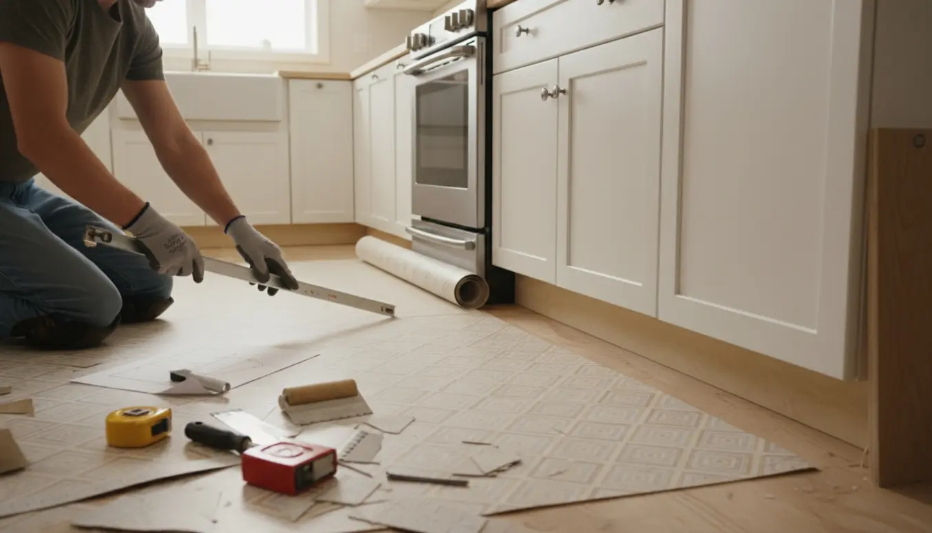 Linoleum rulles ud og tilskæres i et lyst køkken, med værktøj og udskårne kanter synlige.