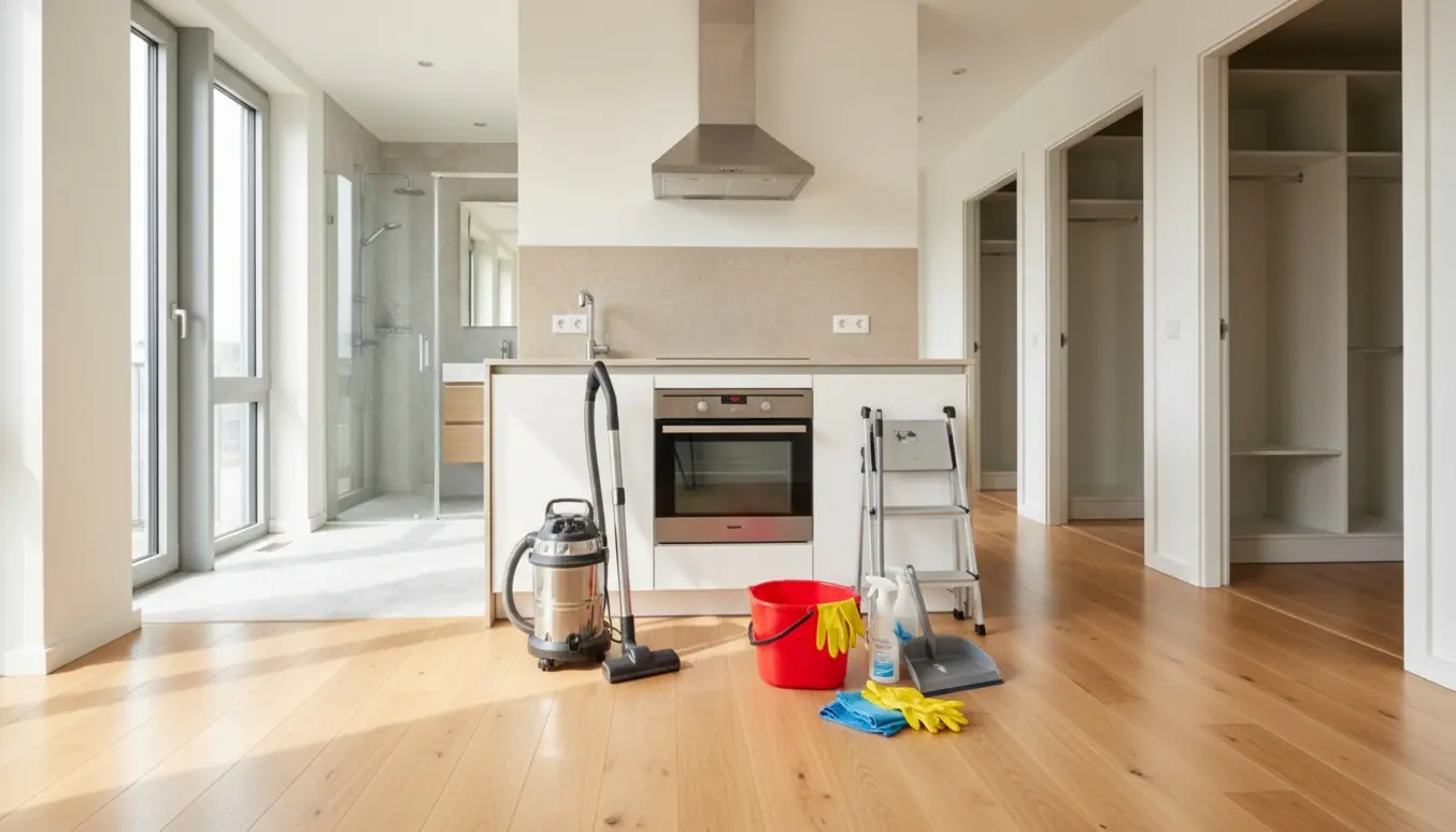 Soloplyst lejlighed klar til flytterengøring med rengøringsudstyr i forgrunden, skinnende køkken, åbne indbyggede skabe og et rent badeværelse.