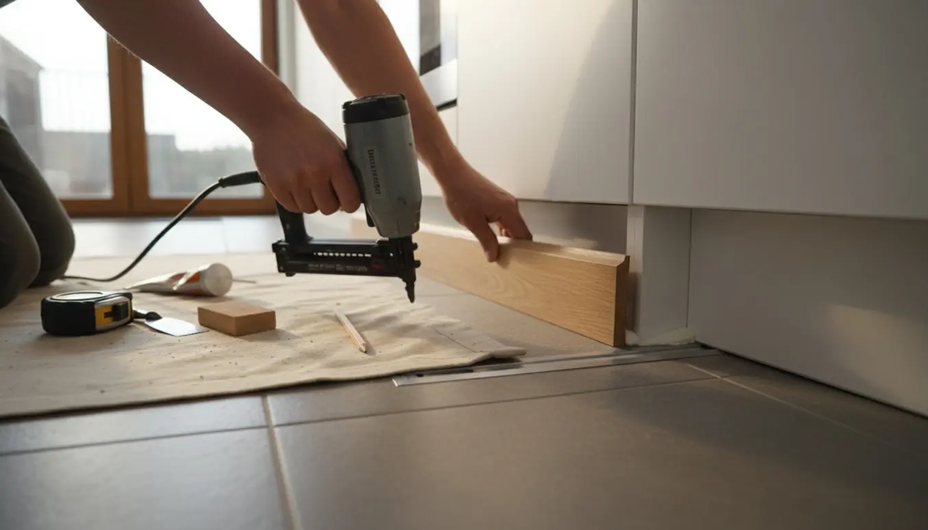 Hænder monterer en træfodliste og sokkel i et lyst køkken ved overgangen mellem trægulv og flisegulv.