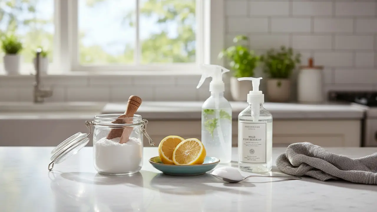 Alternativer til eddike på køkkenbord: natron, citron, mildt opvaskemiddel og mikrofiberklud.