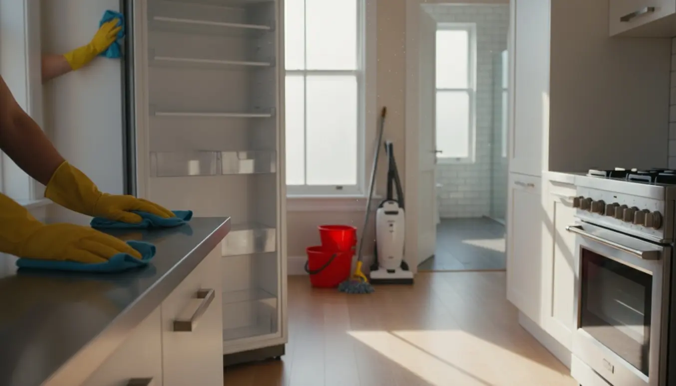 Person i handsker tørrer et køkkenbord af i en lys lejlighed med støvsuger og gulvspand klar til slutrengøring.