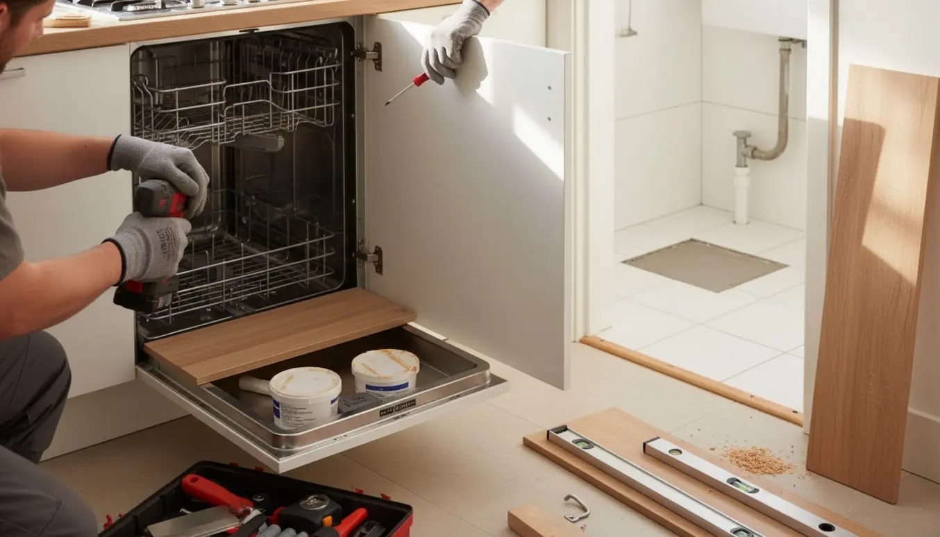 Hænder monterer sokkel under opvaskemaskine i et solbeskinnet køkken med værktøj og panel klar.