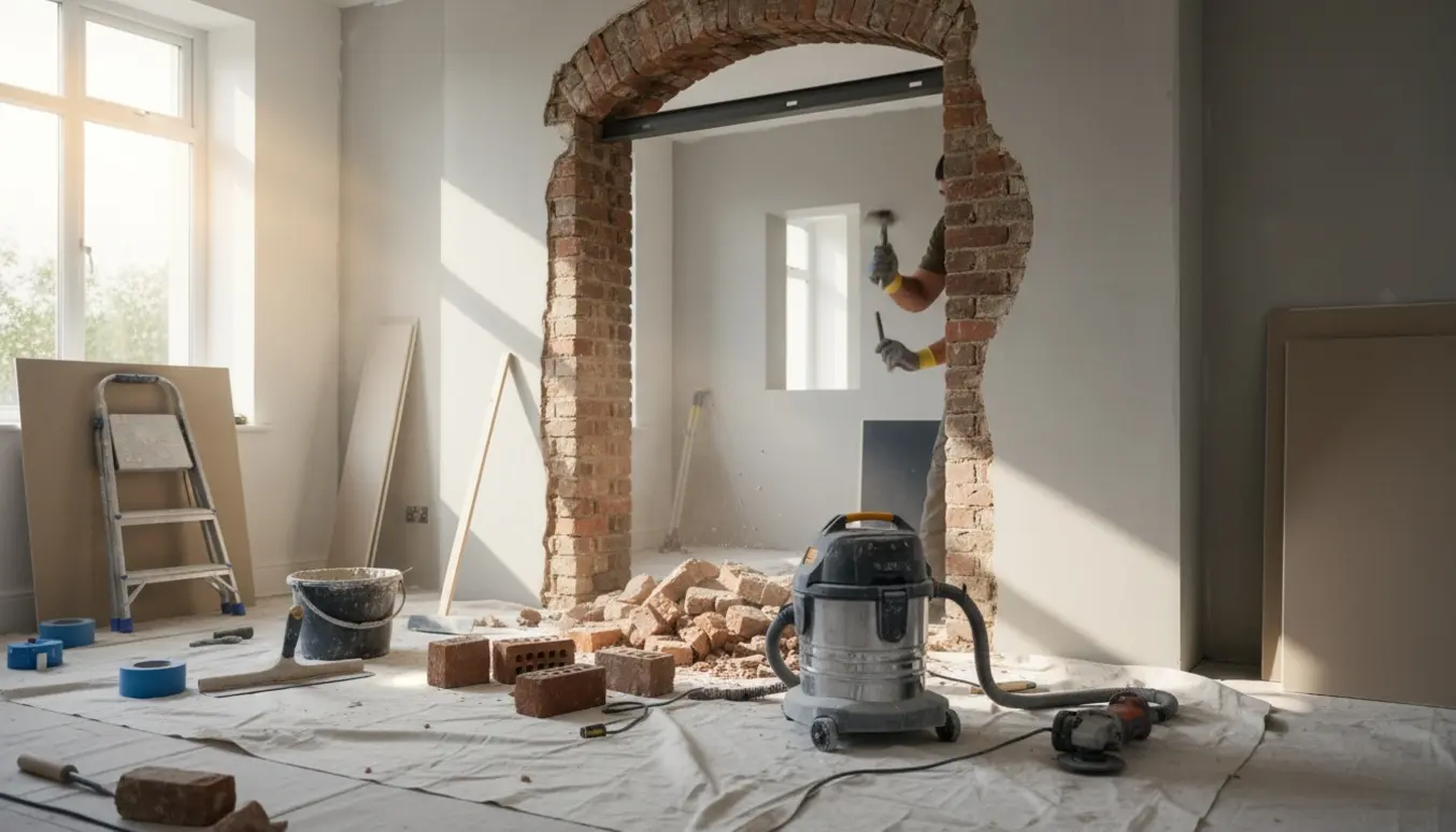 Indvendig renovering med delvist fjernet muremesterbue og væg glatpudset klar til spartling.