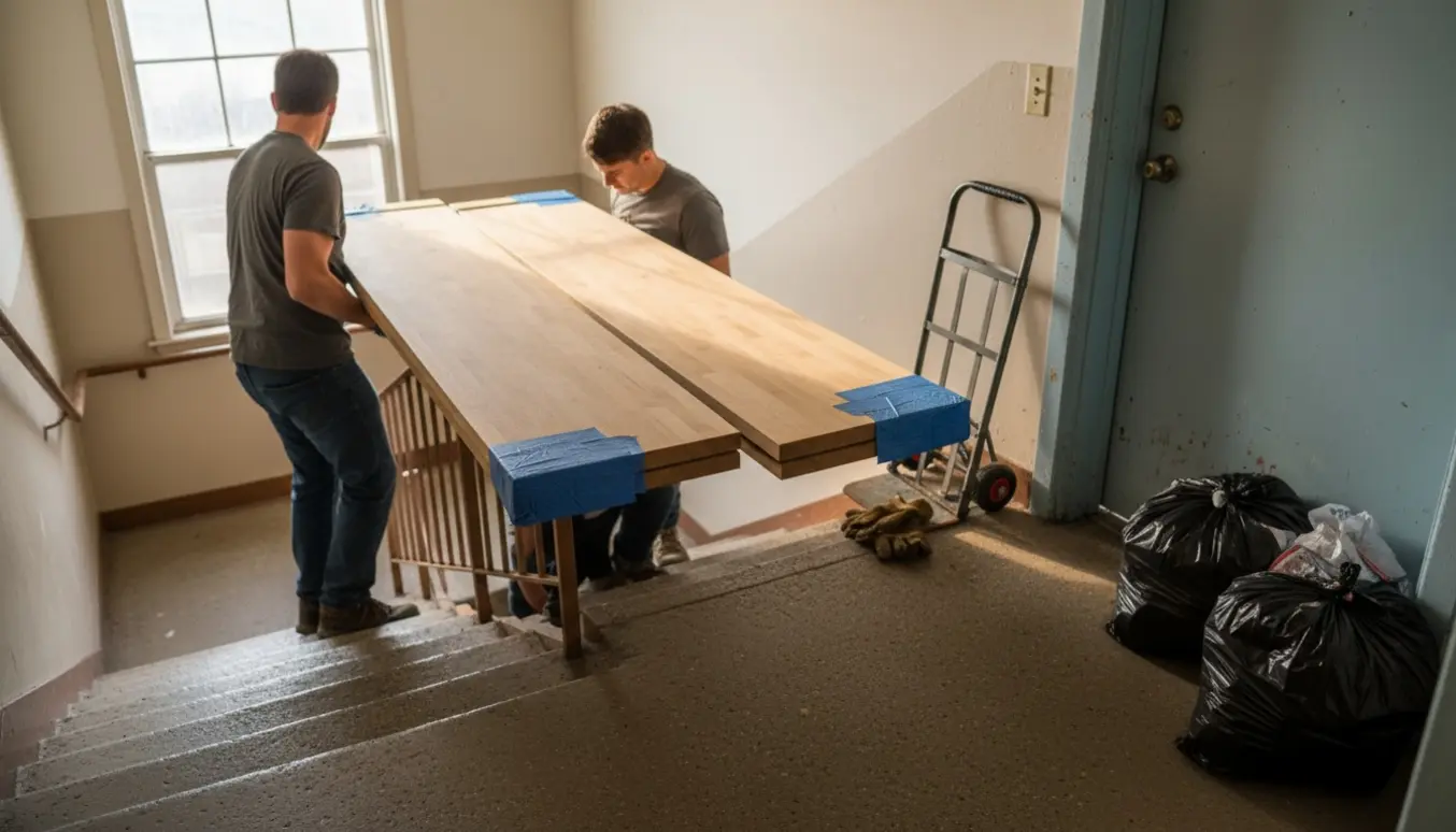 To personer bærer to køkkenbordplader ned ad en oplyst trappe, mens to sække blandet affald står på reposen.