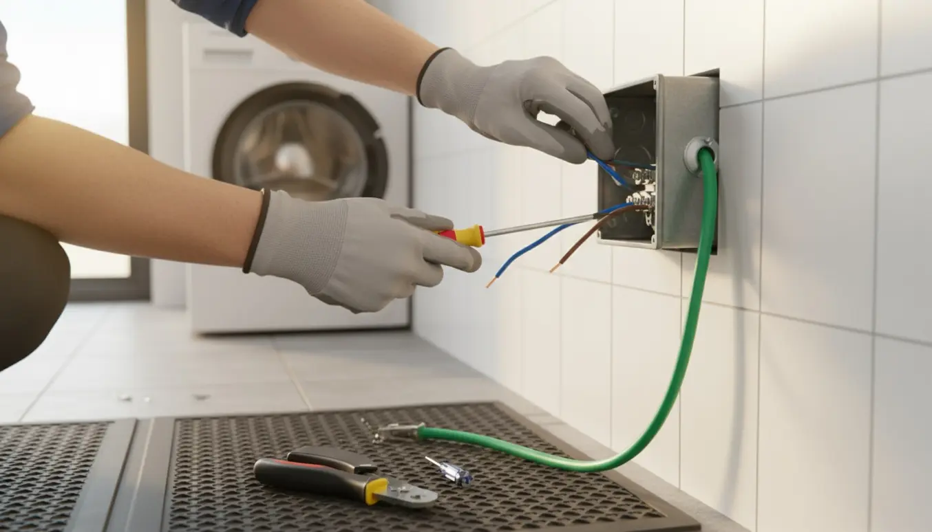 Elektriker monterer et jordet 380 V-stik bag en vaskemaskine med kabler og værktøj i fokus.
