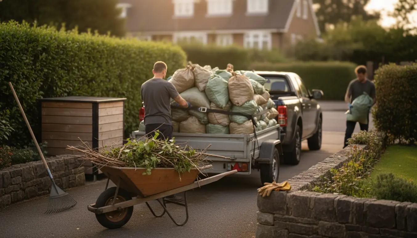 Trailer og trillebør fyldt med sække haveaffald på en indkørsel, omgivet af haveredskaber.