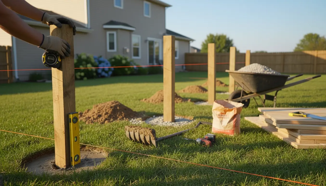 Nærbillede af opsætning af træstolper og måleværktøj til et nyt hegn i en villahave.