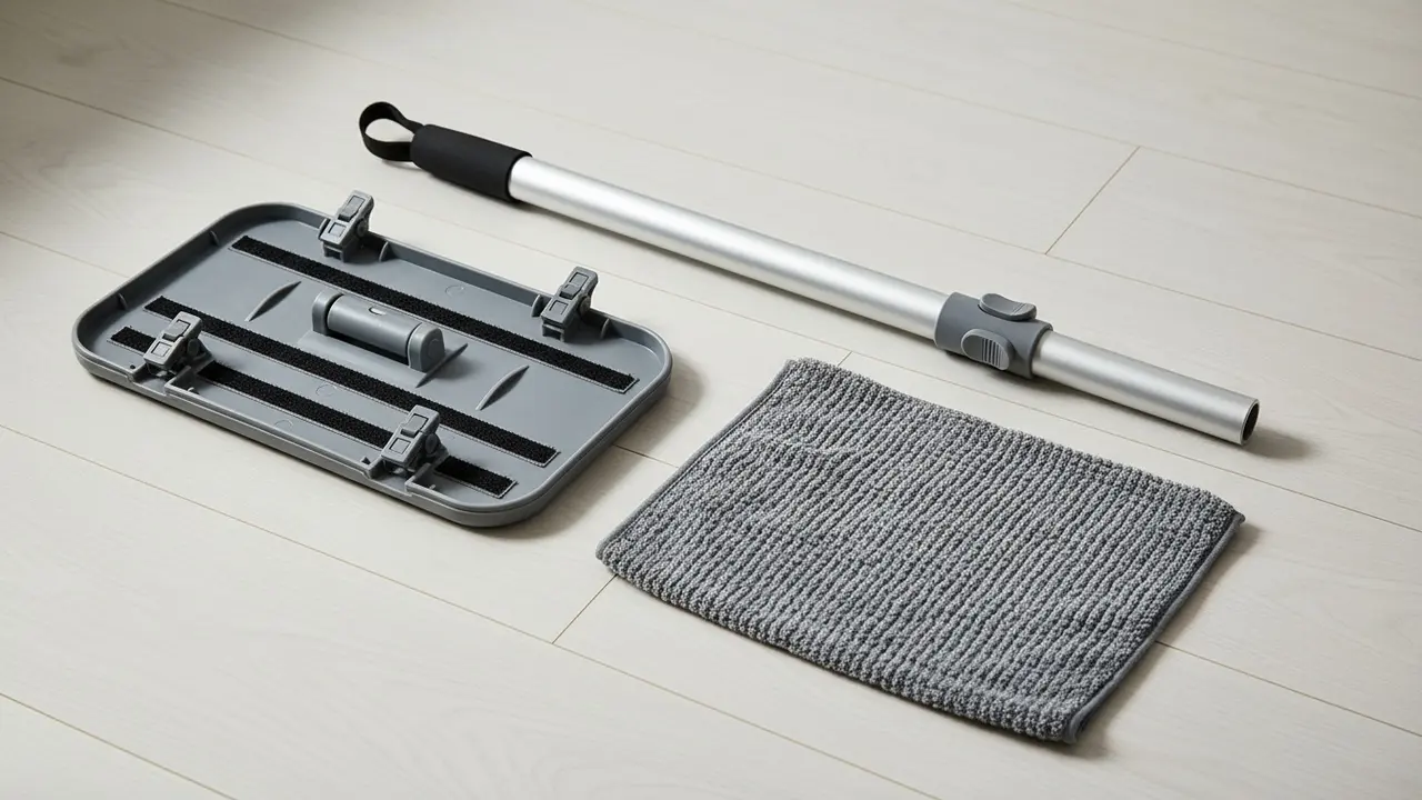 Udstillingsbillede af fladmoppe: moppeplade, mikrofiberklud og teleskopskaft lagt frem