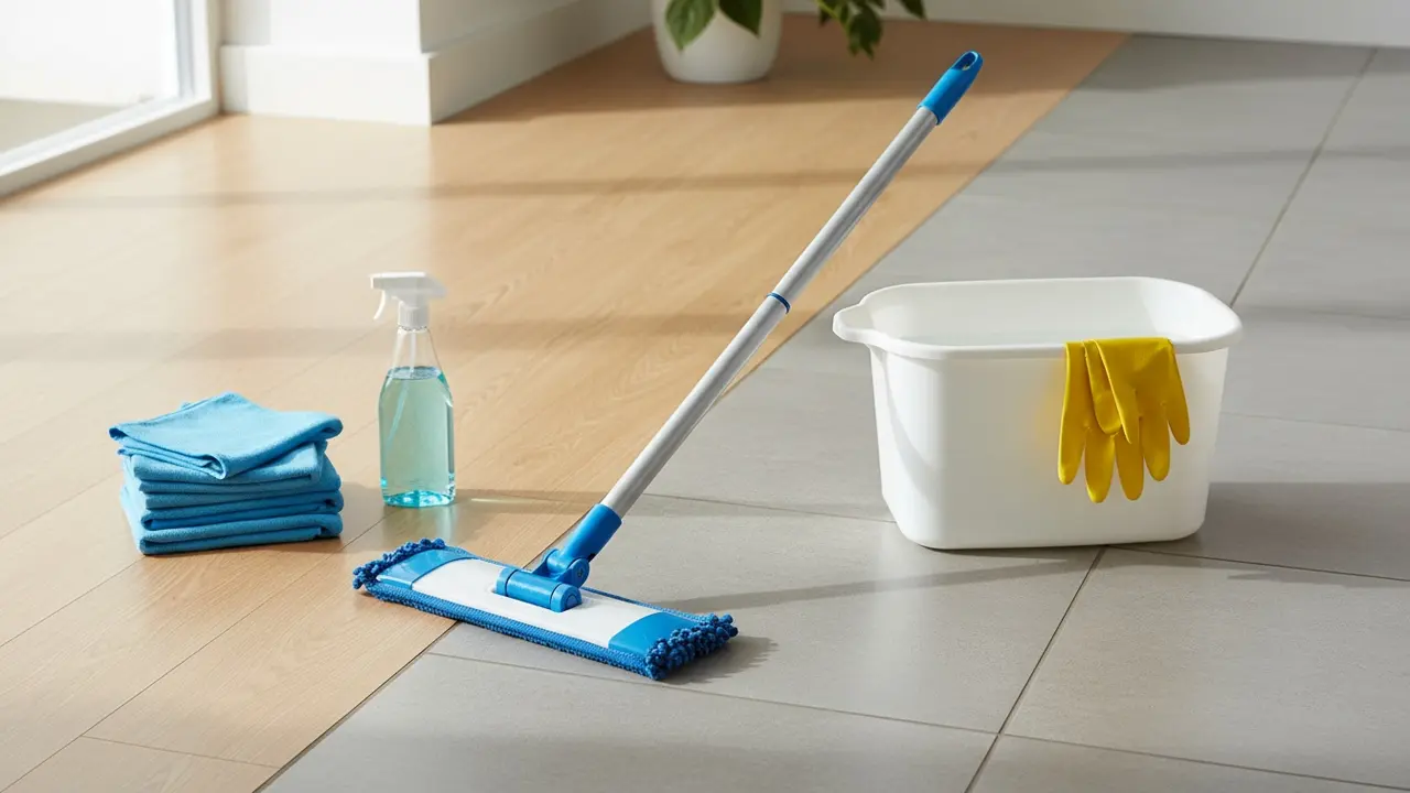 Anbefalet udstyr: mikrofiberklude, sprayflaske, spand, handsker og fladmoppeskaft