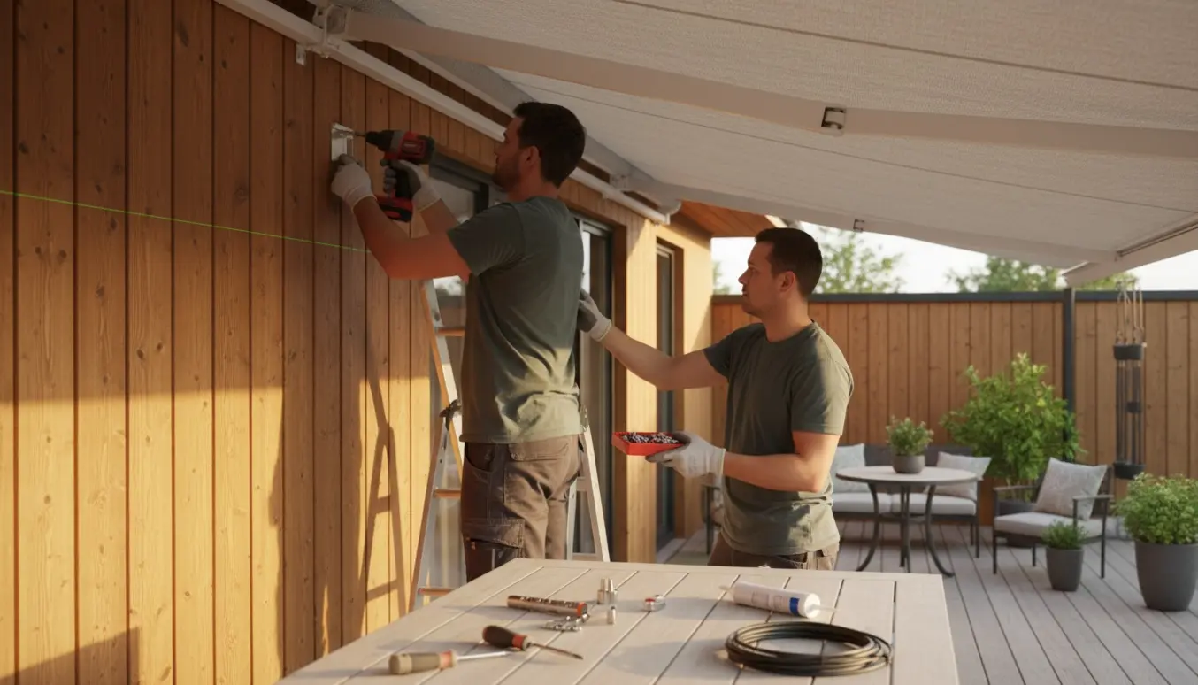 Installatører monterer en elektrisk kassette-markise på et træhus over en terrasse med værktøj i fokus.