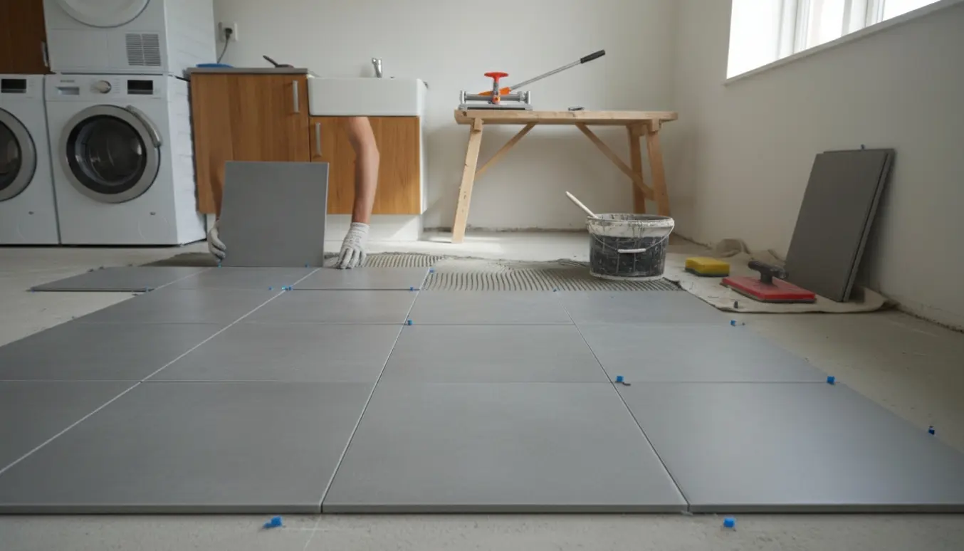 Delvist lagt gulv med 60x60 cm fliser i et lyst bryggers med værktøj og stabler af fliser ved væggen.