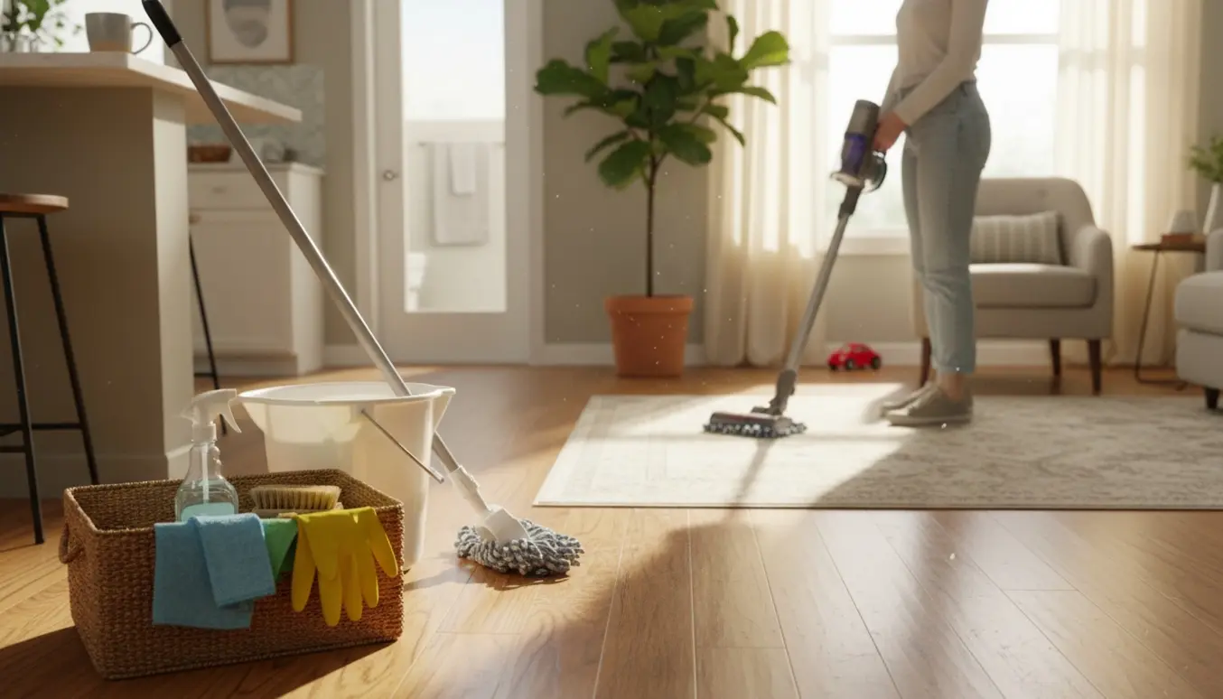 Rutinemæssig rengøring i et soloplyst åbent hjem med rengøringskurv og en person, der støvsuger.
