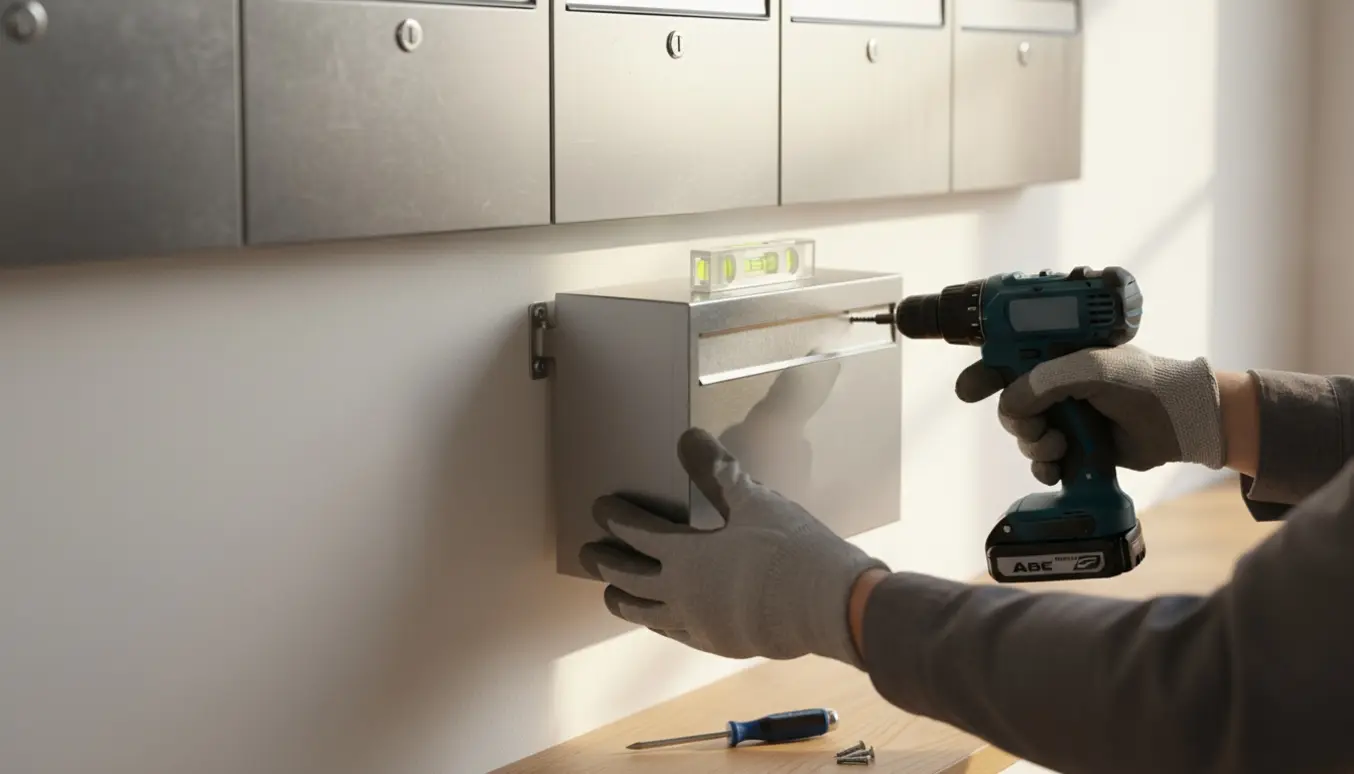 Nærbillede af opsætning af ekstra postkasse under en række postkasser i en boligopgang.