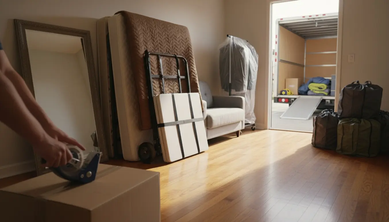 Åben flyttevogn og lejlighedsdør med møbler fra et enkelt værelse — seng, spejl, tøjstativ, klapbord, sofa og flytteposer.