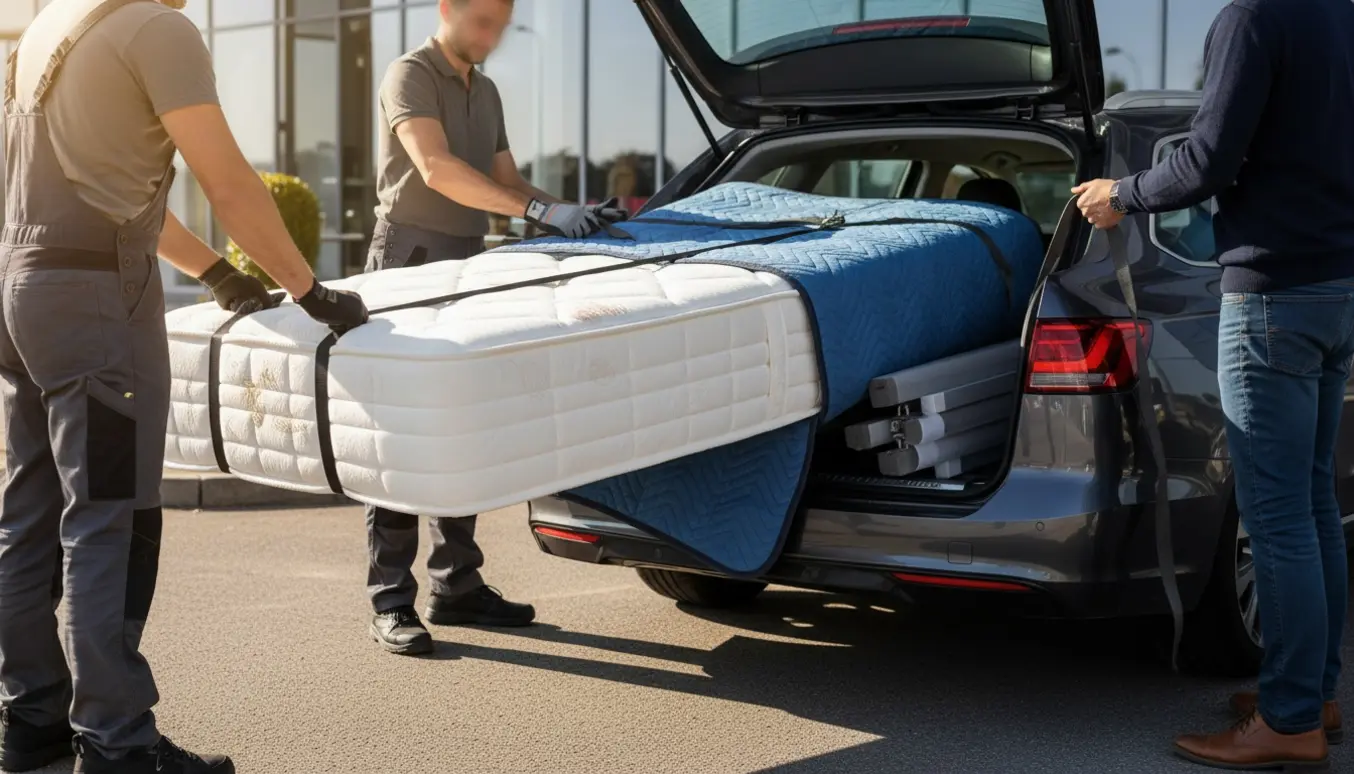 To personer læsser en madras ind i en bil ved en møbelbutik med flyttetæpper og stropper, ansigter er ikke synlige.