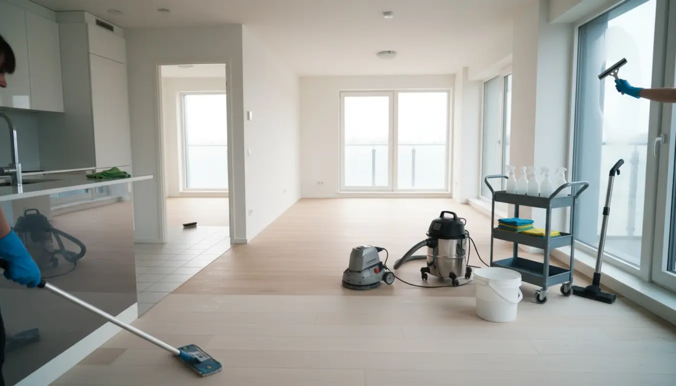 Lys lejlighed under flytterengøring med rengøringsvogn, gulvsliber og åbne vinduer.