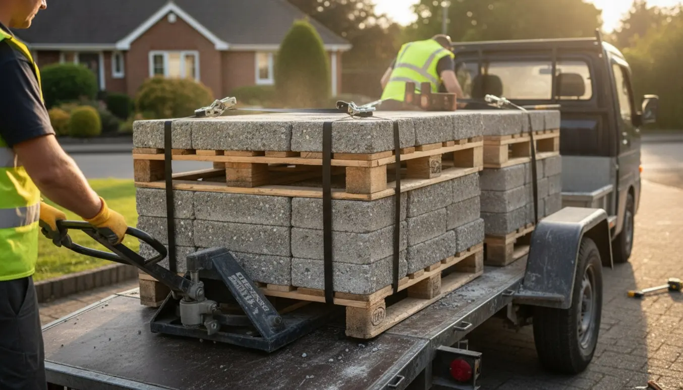 Tre paller fliser læsses på en trailer i en indkørsel, en arbejder med ryggen til sikrer læsset.