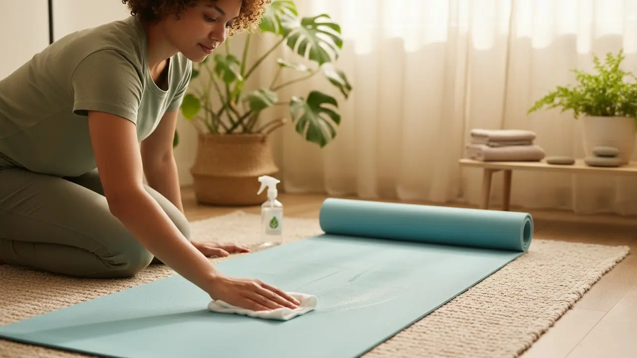 Person tørrer en yogamåtte af med klud og spray i lyst hjemmemiljø