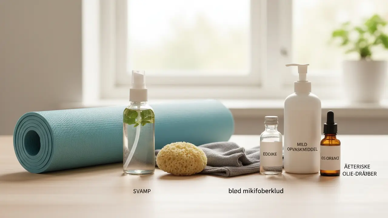 Sprayflaske, svamp, mikrofiberklud og rengøringsmidler ved siden af yogamåtte