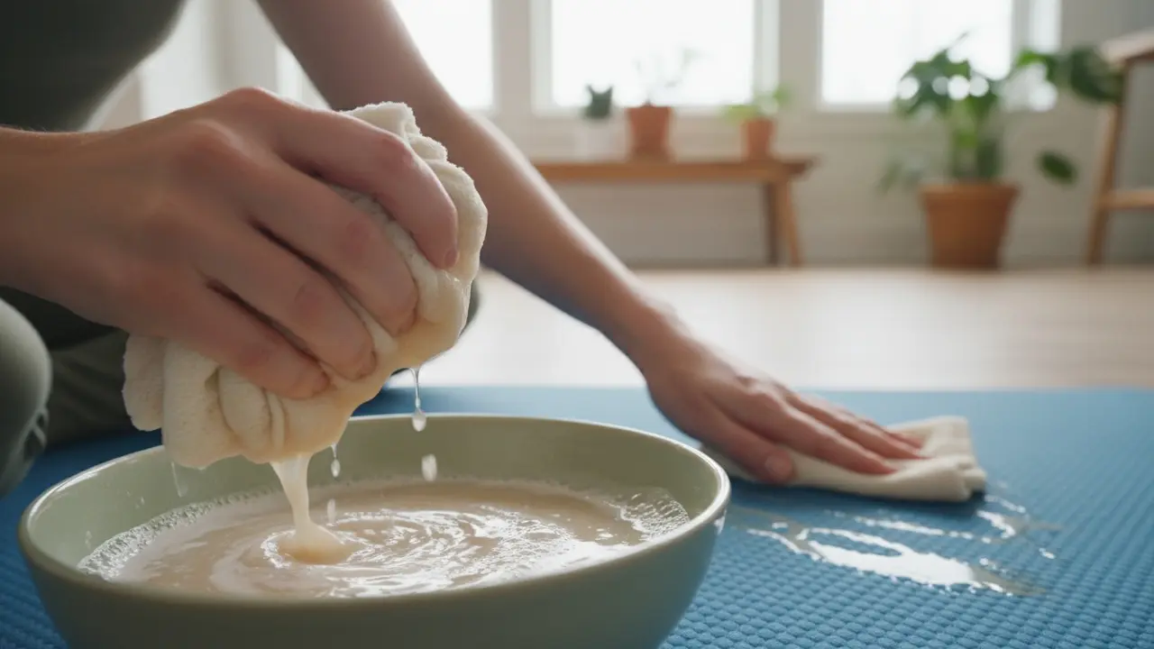 Hænder dypper og vrider en klud op i lunkent sæbevand før aftørring af yogamåtte