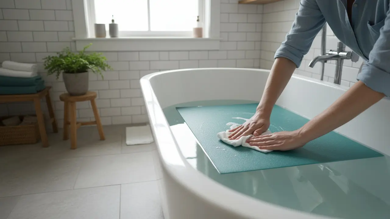 Yogamåtte ligger i badekar med lunkent vand mens den skrubbes nænsomt