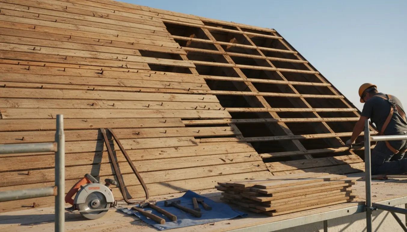 Halv side af et gammelt bræt-tag under nedtagning, med værktøj på stillads og eksponerede spær.