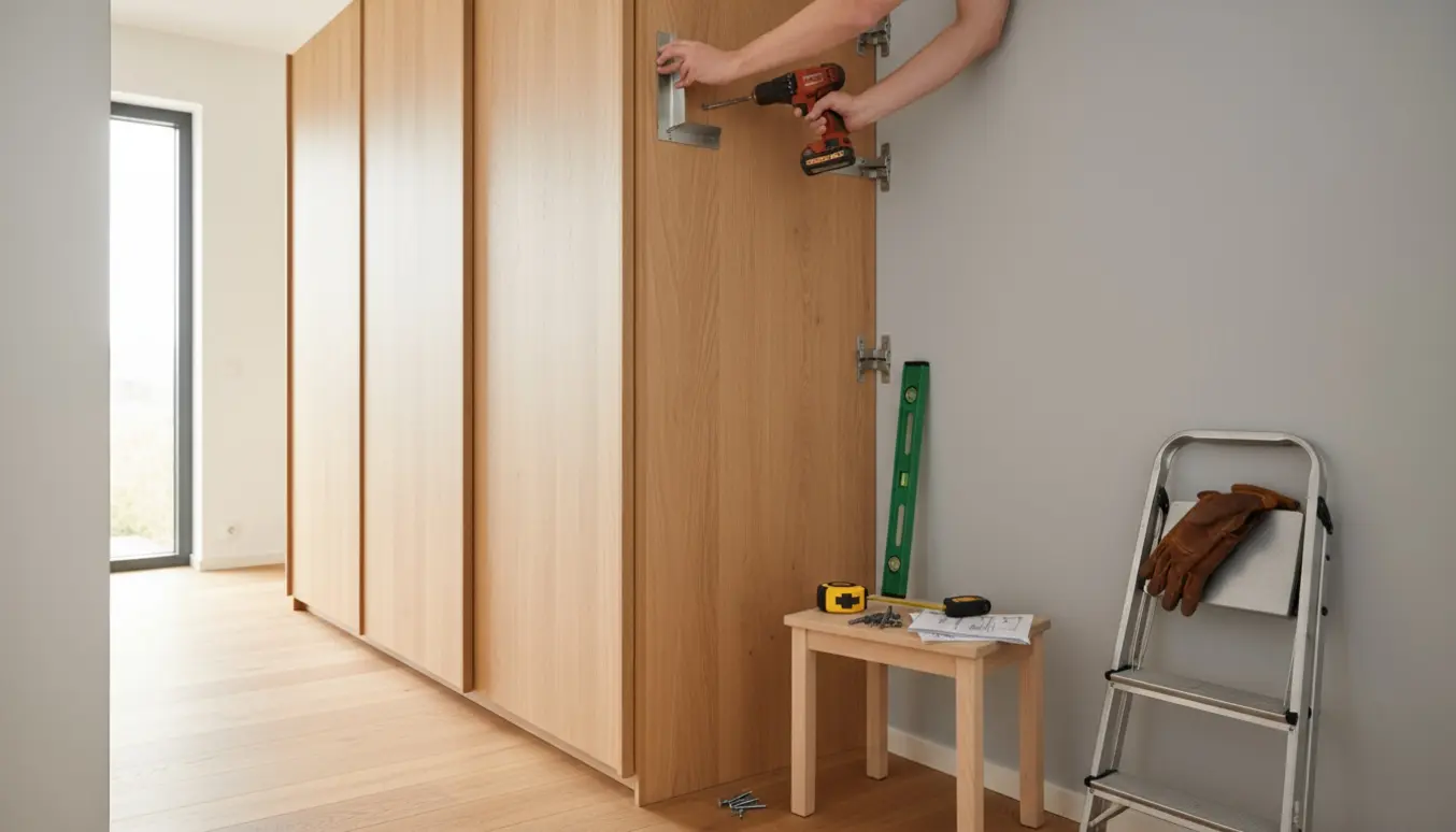 Hænder monterer et stort skab mod en væg med boremaskine og vaterpas.