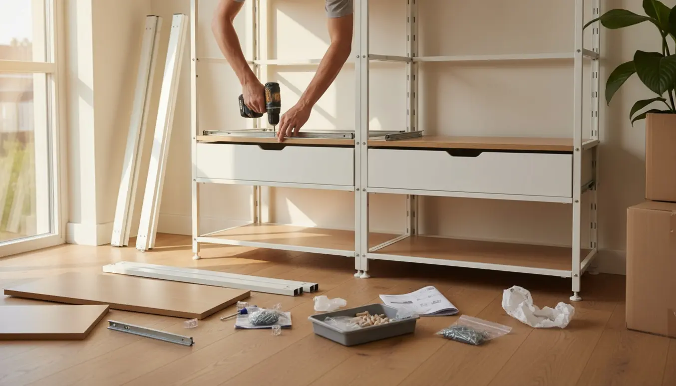 Hænder samler et Elvarli-gulvstående opbevaringssystem med skuffer, hylder og værktøj på trægulvet.