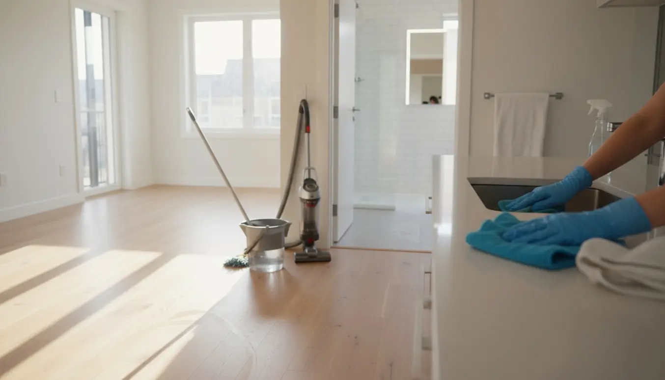 Soloplyst, nyvasket 4-værelses lejlighed efter fraflytning med rengøringsudstyr som støvsuger, moppe og microfiberklud.