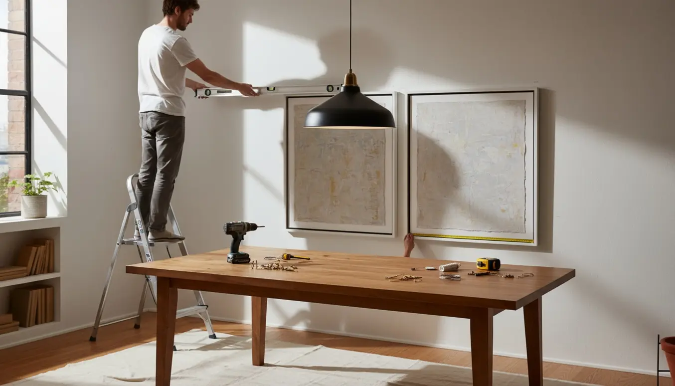 Pendellampe hænges op over et spisebord, mens to store malerier justeres på en væg.