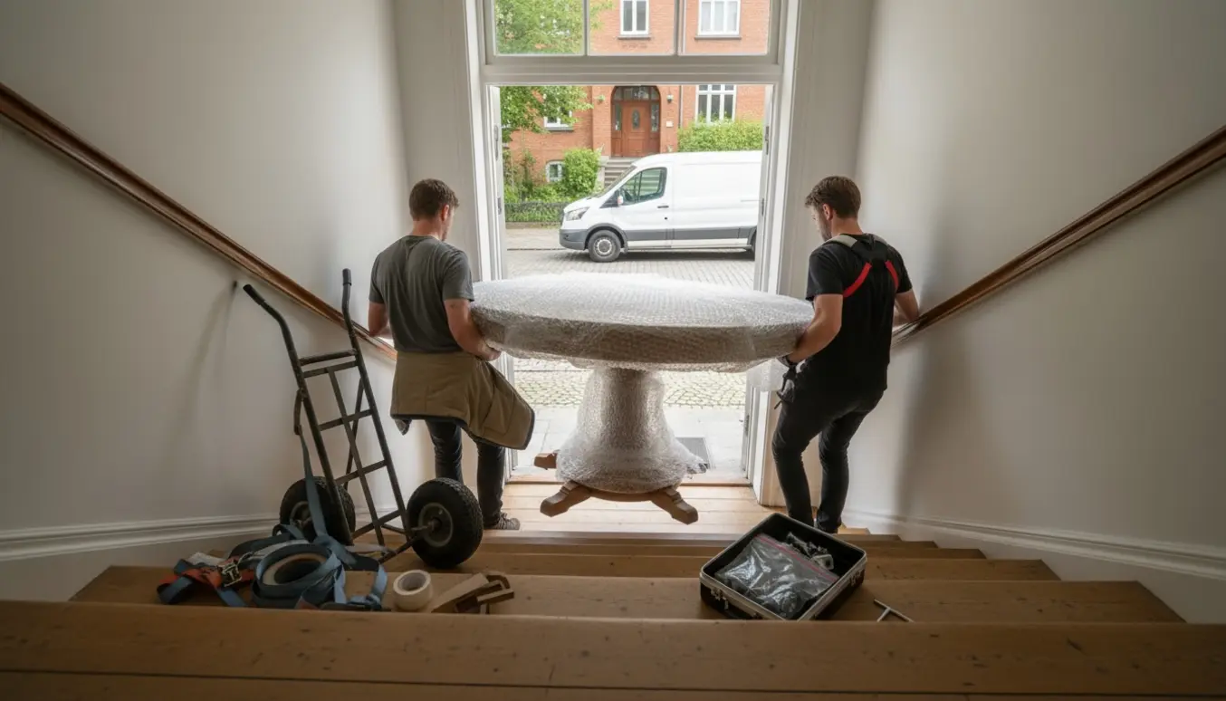 Et adskilt spisebord pakket i flyttetæpper bæres ned ad en trappe mod en flyttevogn.