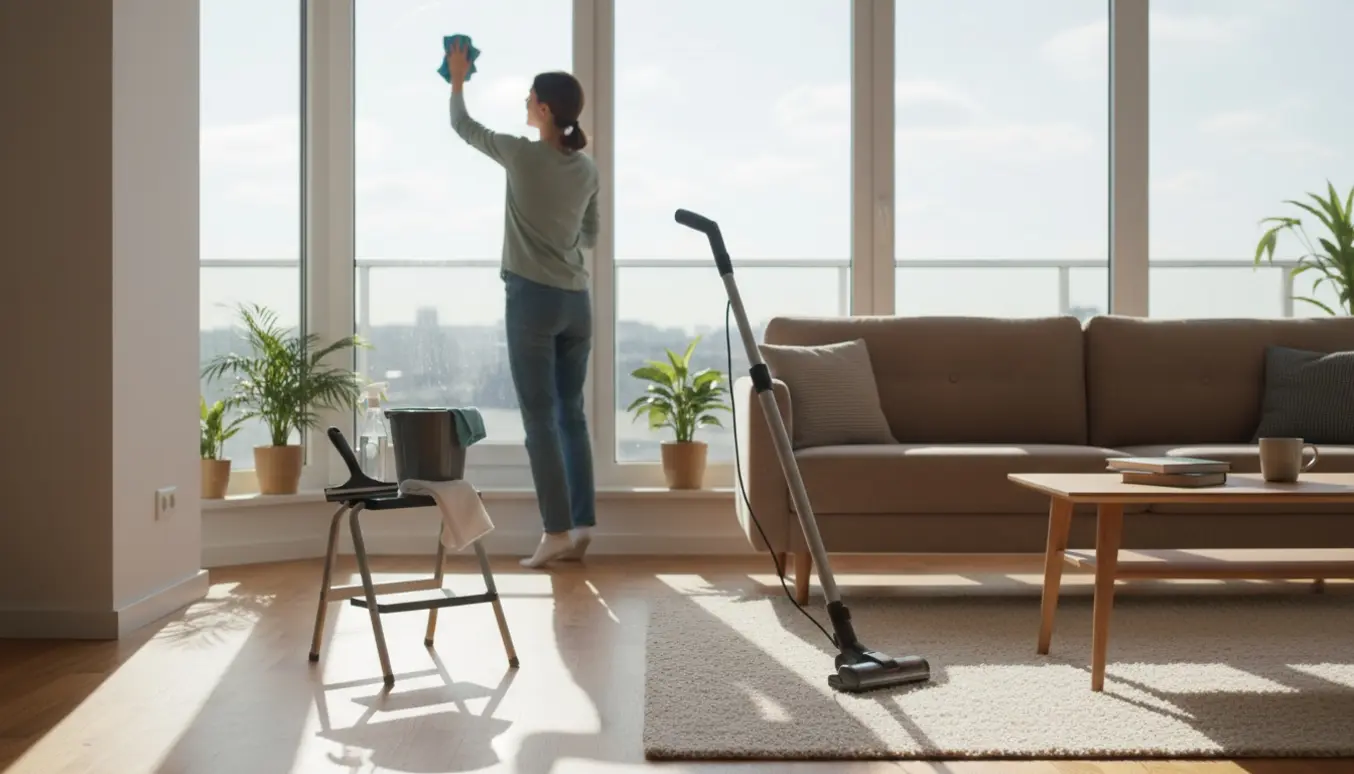 Person pudser et solbeskinnet vindue i en lys, ryddelig lejlighed med rengøringsudstyr i forgrunden.