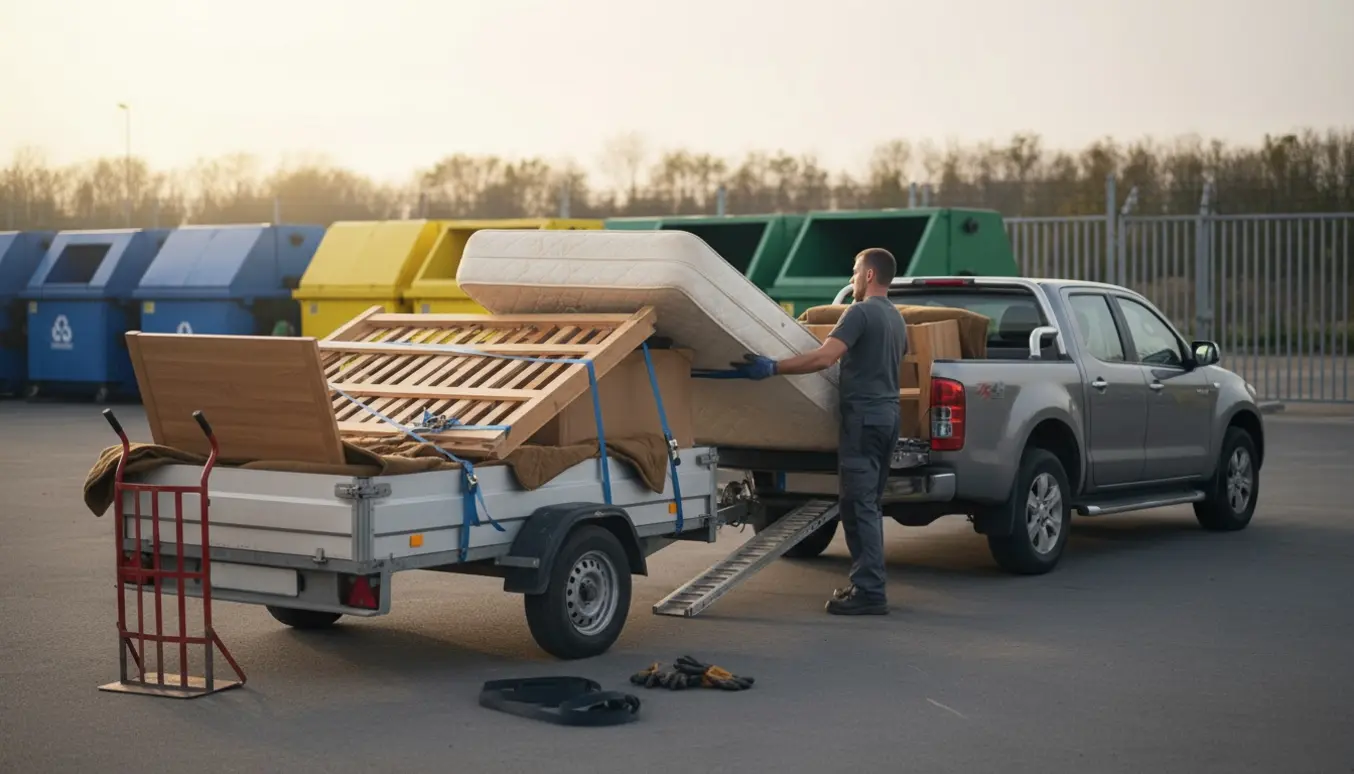 En madras og et sengestel læsses på en trailer ved en genbrugsplads.