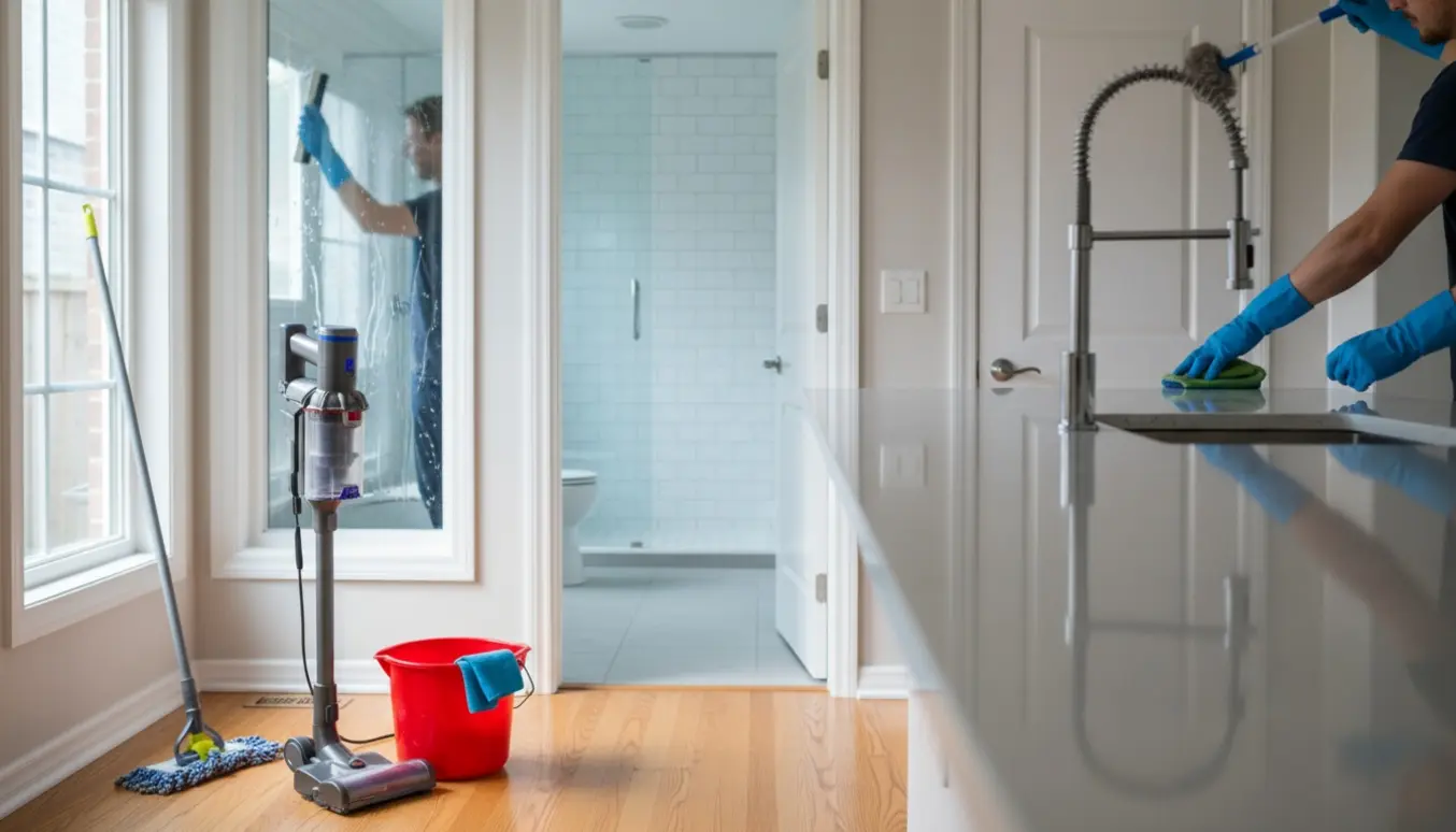 Hænder pudser vindue og køkkenbord i et lyst parcelhus med støvsuger, moppe og rengøringsudstyr i forgrunden.