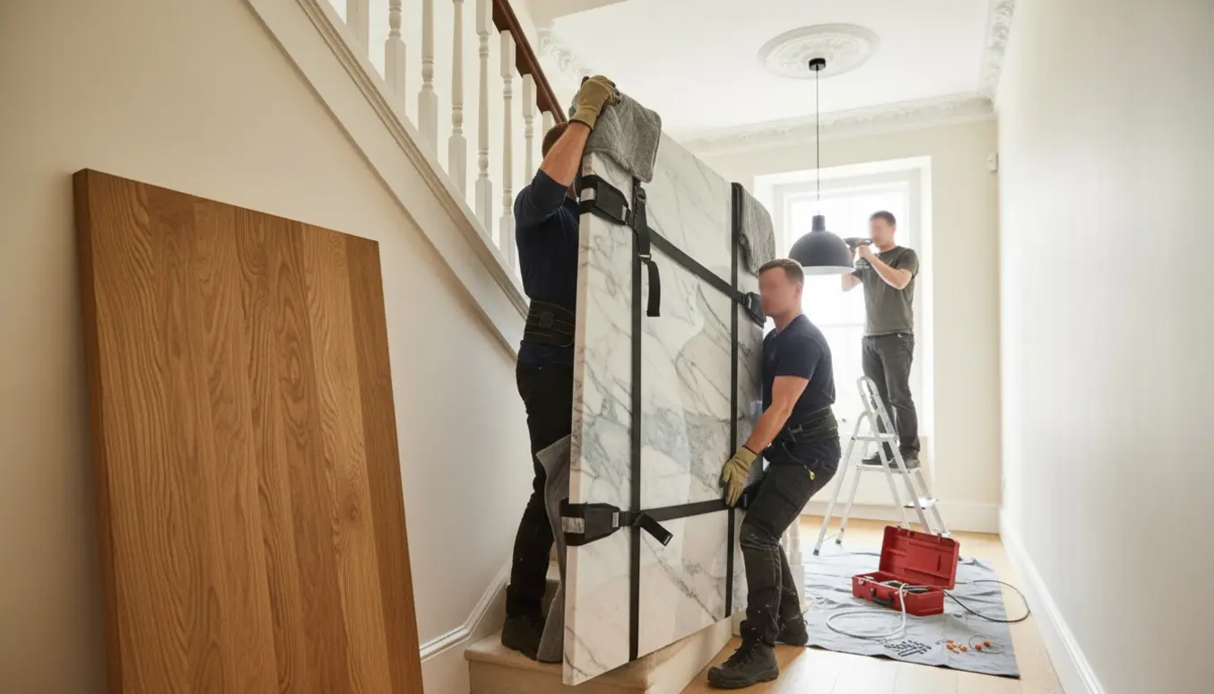 To personer bærer en tung marmorplade op ad trappen, mens et træbord står på reposet og en lampe monteres.