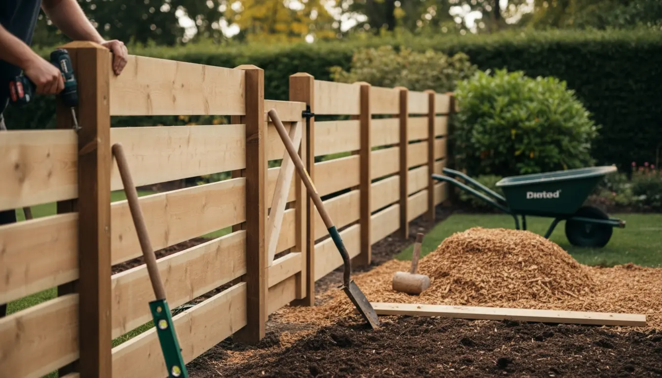 Opsætning af træplankeværk med en kort dørsektion og klar jord, der er klar til at få træflis.