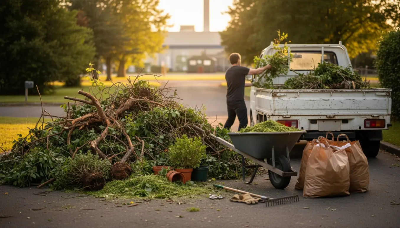 Bunke haveaffald læsses i en lille pick-up på indkørslen, klar til bortkørsel til genbrugsstationen.