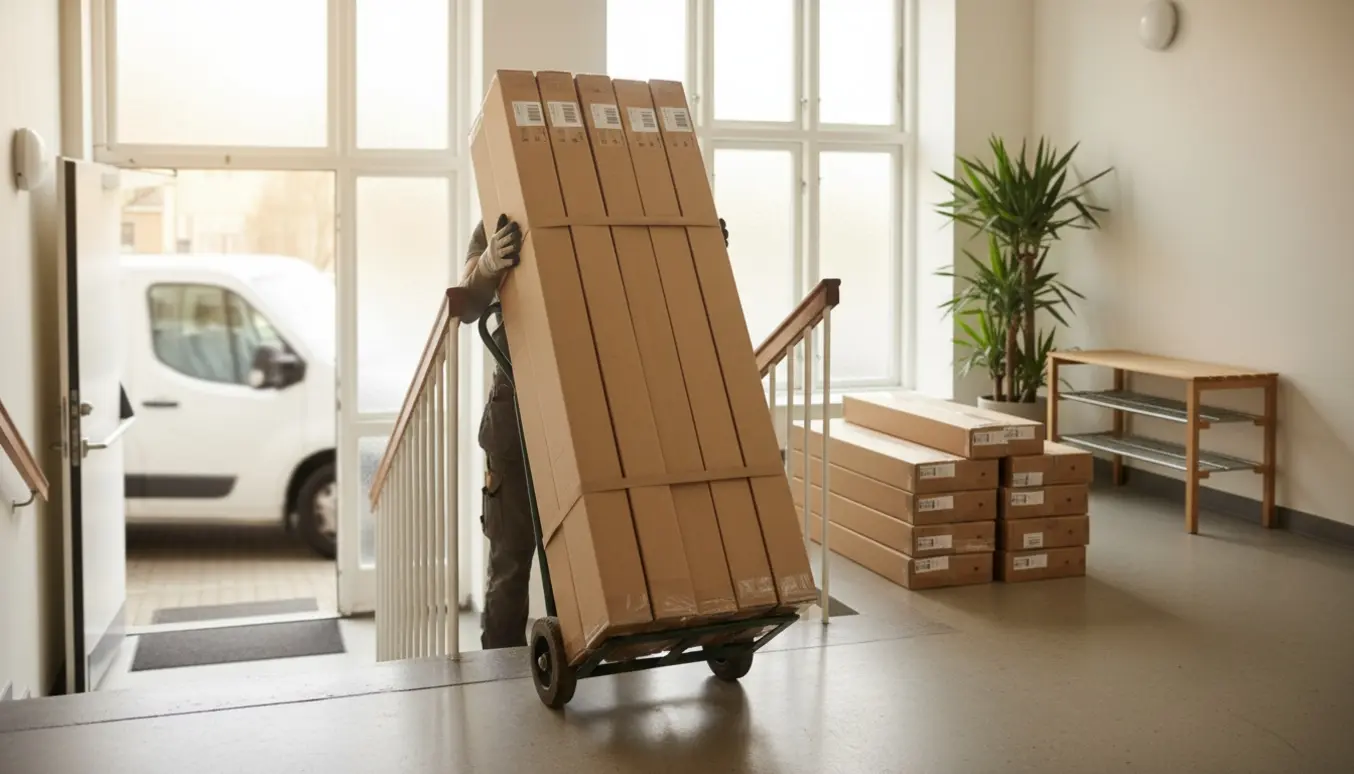 Flyttefolk bærer mange pakker klikgulv op ad en lys trappeopgang med en varevogn i baggrunden.