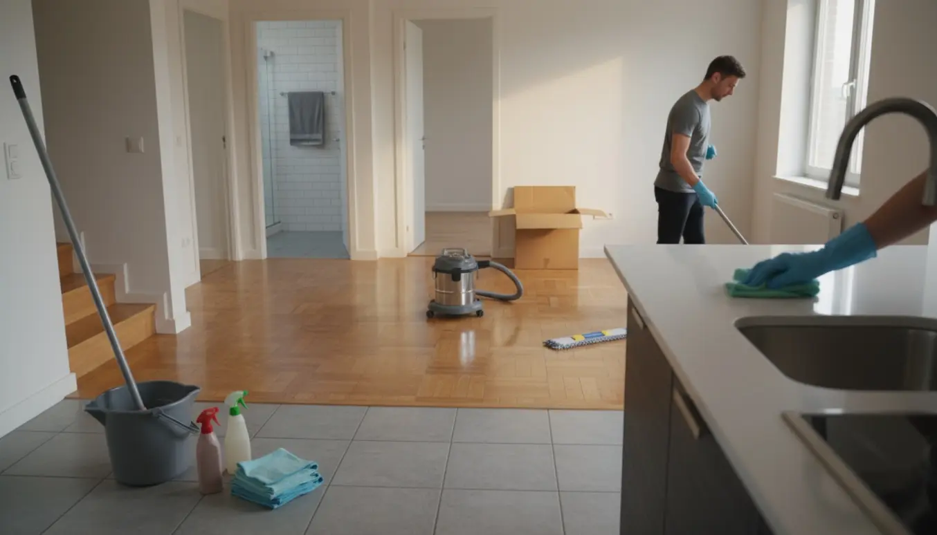 Soloplyst lejlighed under slutrengøring med støvsuger, moppe og klude på parket- og flisegulv.