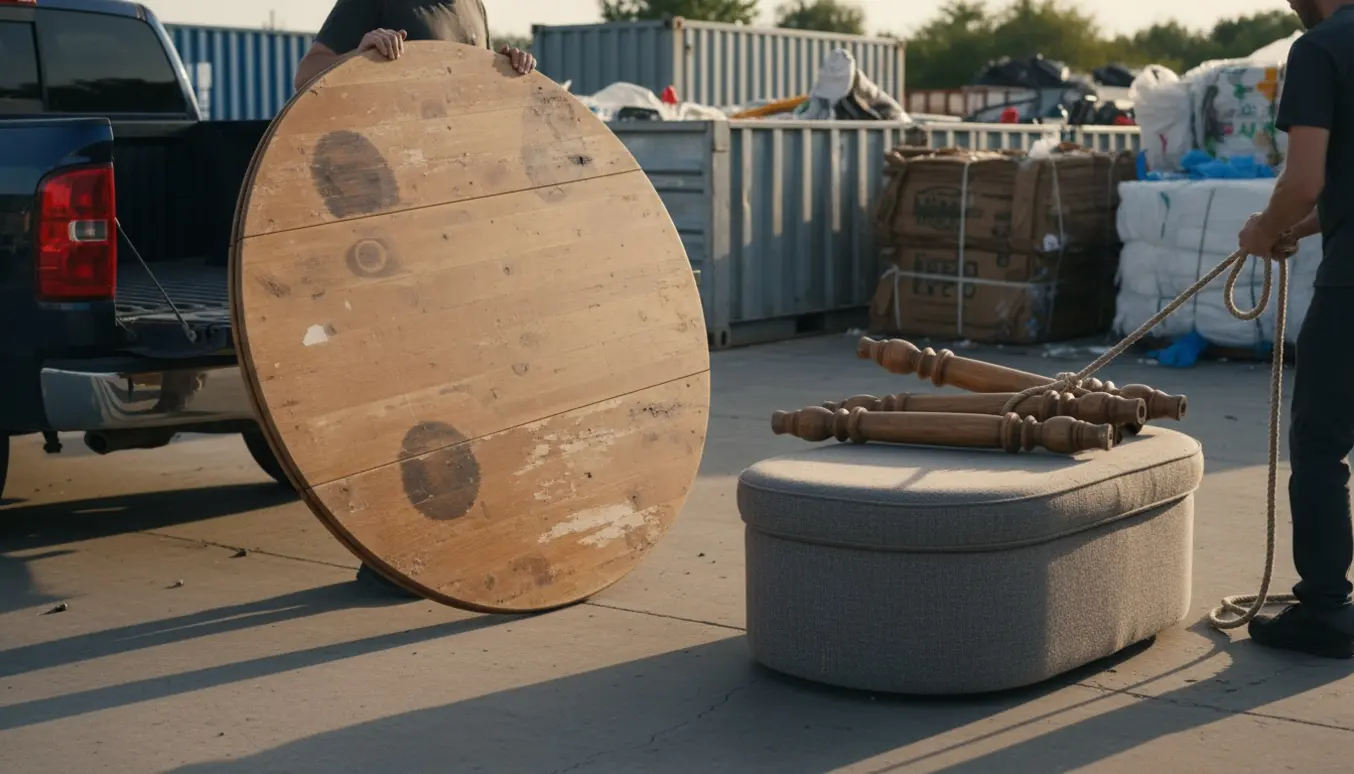 Vandskadet adskilt massivtræs spisebord og et polstret sofabord klargjort til aflevering på en genbrugsplads.