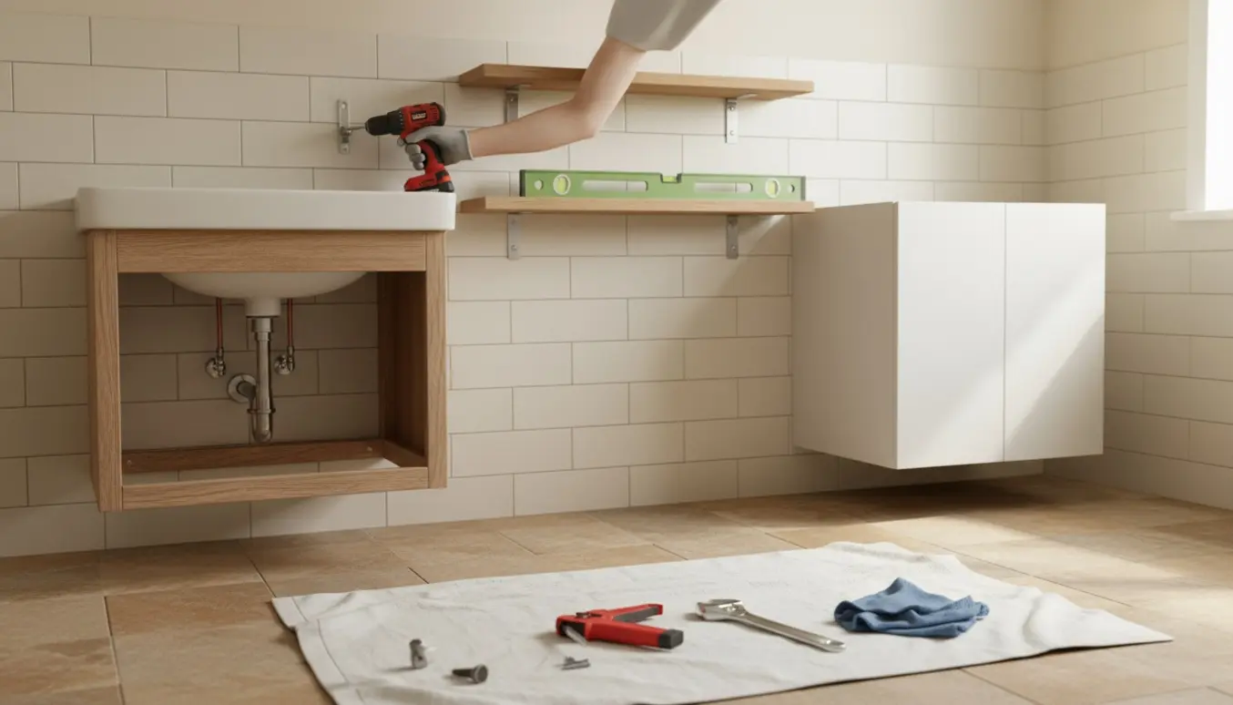 Håndværker uden synligt ansigt monterer nyt badeværelsesskab og hylder over fliser.