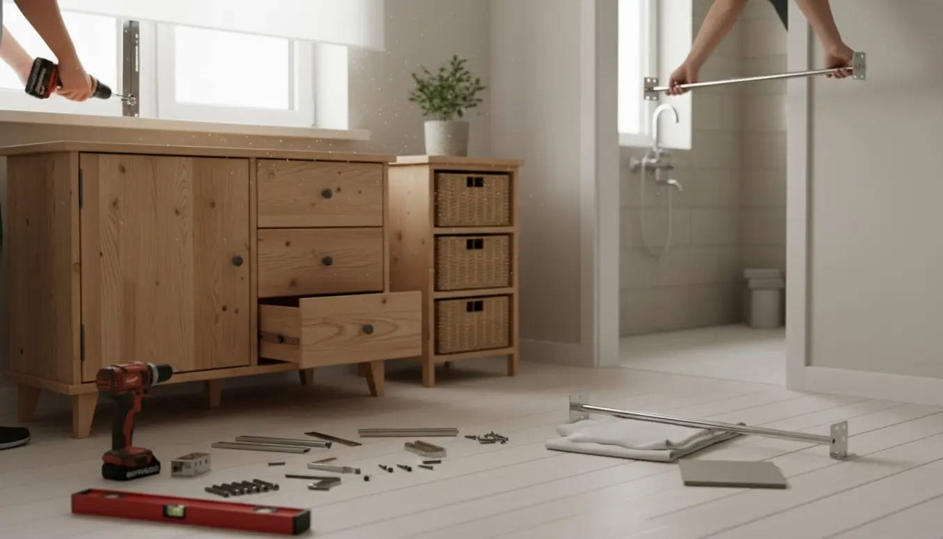 Lyse skandinaviske rum med montering af fyrretræsskænk, kommode med fletkurve, opsætning af persienne og bruseforstang.