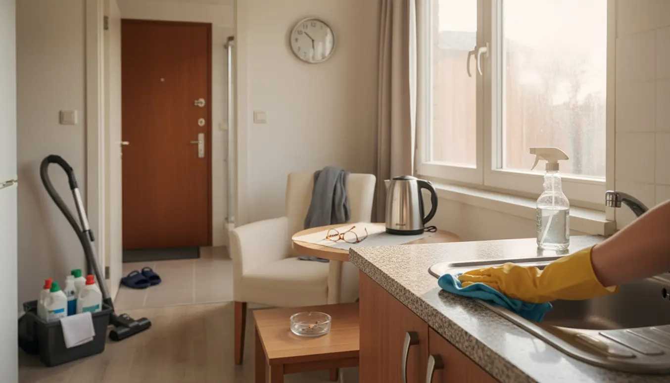 Soloplyst lille lejlighed under rengøring med handske, klud og pudset vindue.