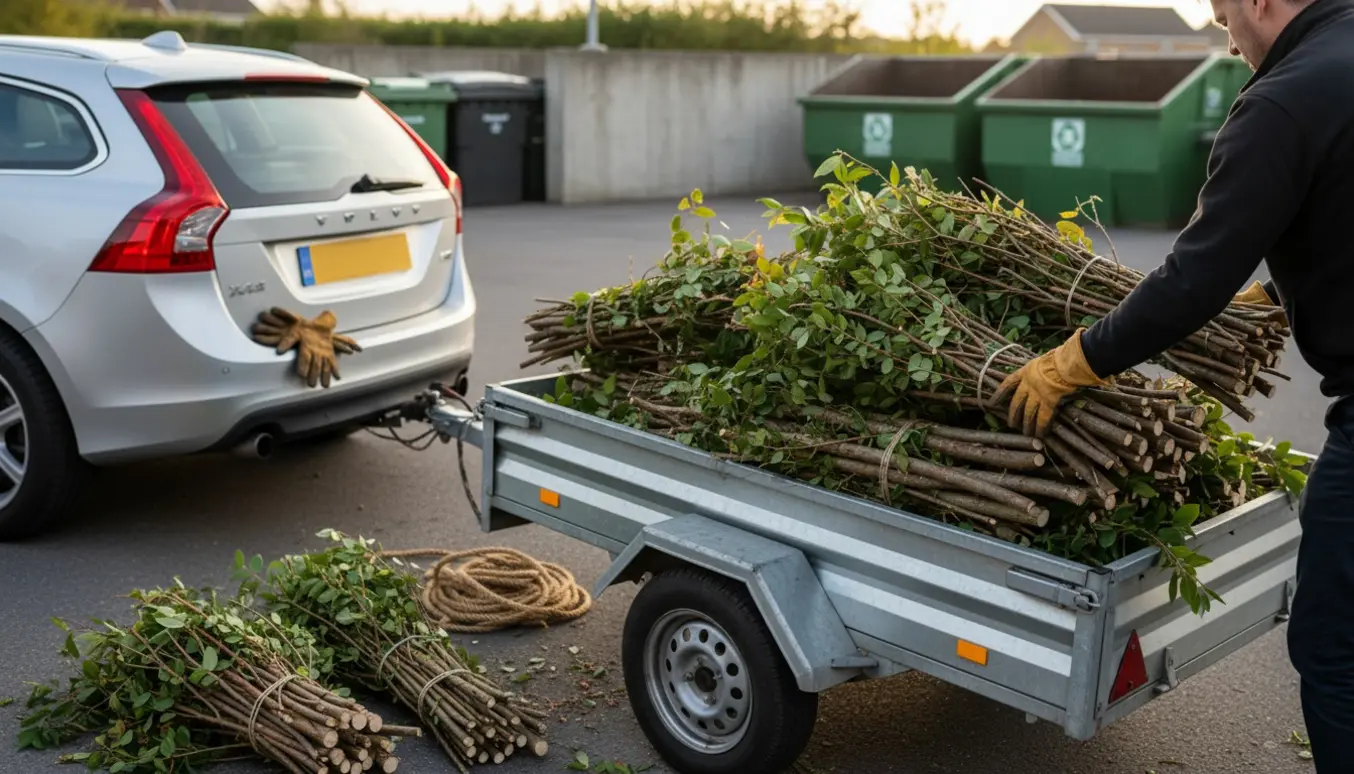 En trailer fyldes med nyslåede grene af en person med handsker foran en genbrugsstation.